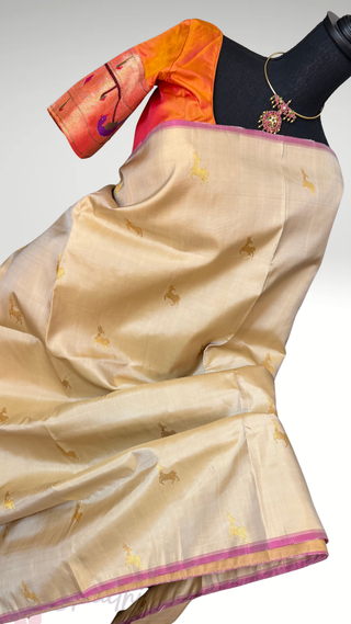 Bridal cream ven pattu saree orange pure zari kanjivaram silk saree with stitched blouse
