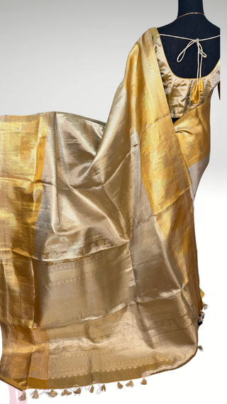 Gold Kanjivaram saree for bride tissue Kanchi Kora Pure zari silk saree with stitched  blouse online shopping usa