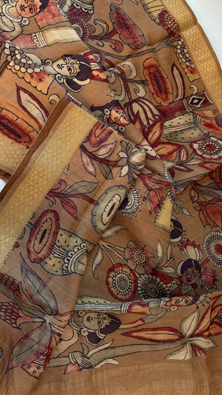 Handwoven pichwai kalamkari Light brown one of kind printed elegant tussar silk saree zari borders online and prestitched blouse