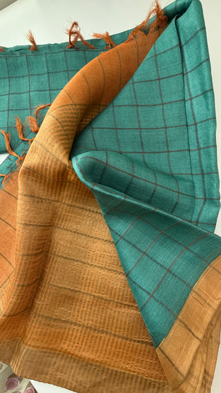 Teal Tussar pure silk saree kalamkari blouse with pure handloom saree Handloom silk Tussar with silk blouses zari borders and fine checks Partywear bridesmaid