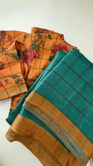 Teal Tussar pure silk saree kalamkari blouse with pure handloom saree Handloom silk Tussar with silk blouses zari borders and fine checks Partywear bridesmaid