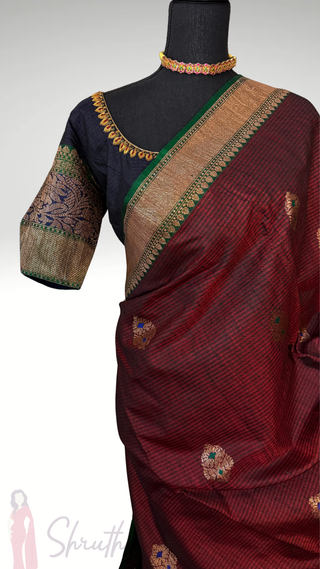 Pure Handloom Maroon Tussar Beneras Katan saree with prestitched blouse