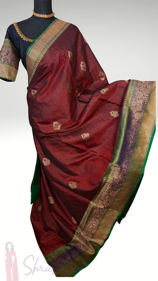 Pure Handloom Maroon Tussar Beneras Katan saree with prestitched blouse