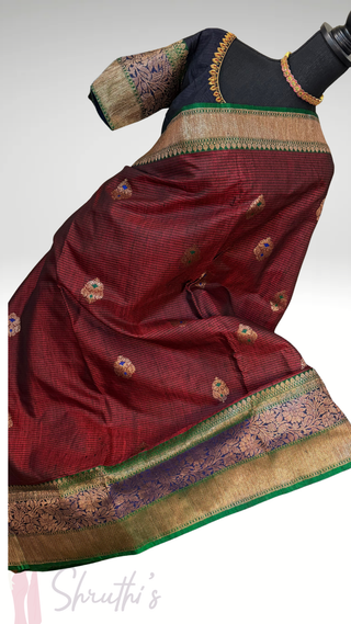 Pure Handloom Maroon Tussar Beneras Katan saree with prestitched blouse