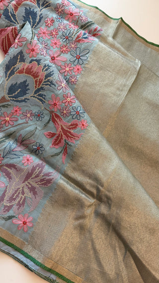Handloom Pure silk embroidered borders and pallu silk handwoven blouse border
