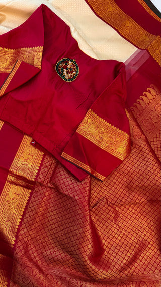Ven Pattu kanjivaram brocade white tomaroon  Kanchi pattu saree gold zari Indian wedding saree pure silk saree with stitched blouse usa online shopping hand embroidered blouse