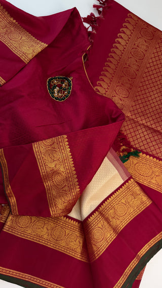 Ven Pattu kanjivaram brocade white tomaroon  Kanchi pattu saree gold zari Indian wedding saree pure silk saree with stitched blouse usa online shopping hand embroidered blouse