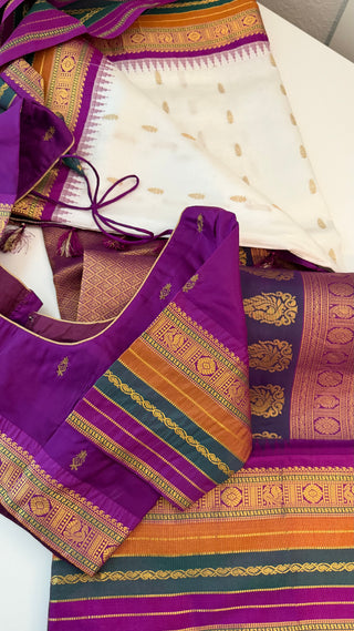 Pure  Gadwal saree white purple  lavender  Gadwal with stitched blouse silk  saree