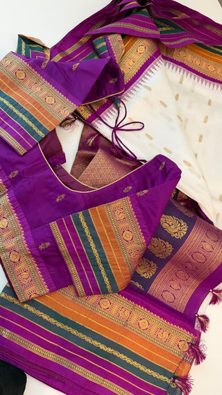 Pure  Gadwal saree white purple  lavender  Gadwal with stitched blouse silk  saree