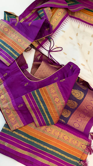 Pure  Gadwal saree white purple  lavender  Gadwal with stitched blouse silk  saree