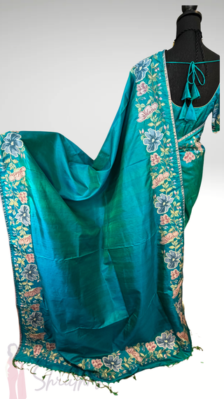 Handloom Pure soft silk embroidered borders and pallu silk handwoven blouse border