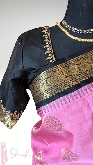 Pure Kanjivaram Handloom pure silk Pink black Handloom silk saree pure zari  Muhurtam Wedding Saree with ready to wear ship Blouse Online USA