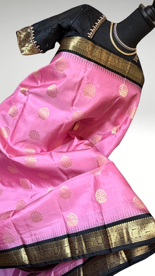 Pure Kanjivaram Handloom pure silk Pink black Handloom silk saree pure zari  Muhurtam Wedding Saree with ready to wear ship Blouse Online USA
