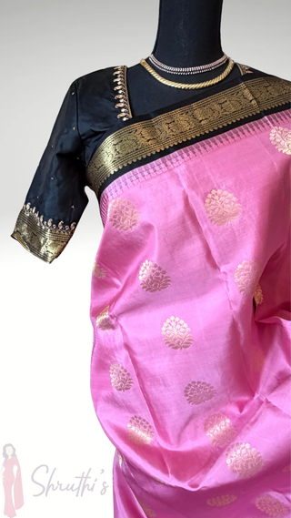 Pure Kanjivaram Handloom pure silk Pink black Handloom silk saree pure zari  Muhurtam Wedding Saree with ready to wear ship Blouse Online USA