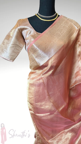 Pure Tissue Pastel Peach beneras organza saree stitched blouse saree readymade online USA