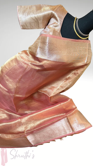Pure Tissue Pastel Peach beneras organza saree stitched blouse saree readymade online USA