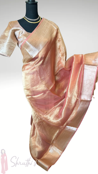 Pure Tissue Pastel Peach beneras organza saree stitched blouse saree readymade online USA