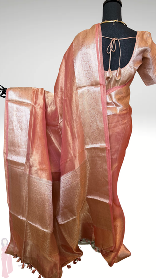 Pure Tissue Pastel Peach beneras organza saree stitched blouse saree readymade online USA