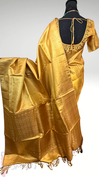 Gold Tissue Brocade Pure silk pattumuhurtam saree pure zari Kanjivaram silk saree with prestitched blouse embroidered blouse