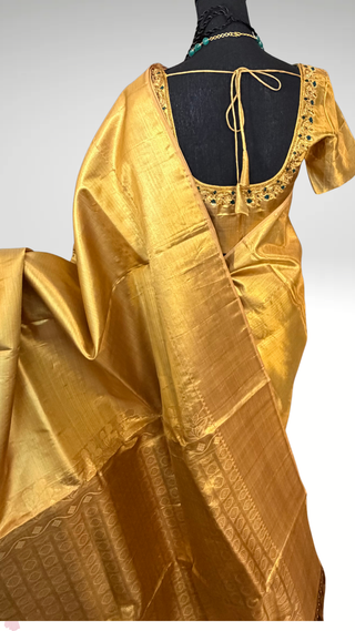 Gold Tissue Brocade Pure silk pattumuhurtam saree pure zari Kanjivaram silk saree with prestitched blouse embroidered blouse