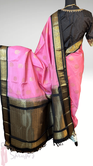 Pure Kanjivaram Handloom pure silk Pink black Handloom silk saree pure zari  Muhurtam Wedding Saree with ready to wear ship Blouse Online USA