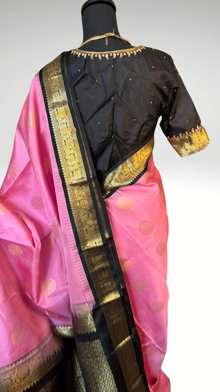 Pure Kanjivaram Handloom pure silk Pink black Handloom silk saree pure zari  Muhurtam Wedding Saree with ready to wear ship Blouse Online USA
