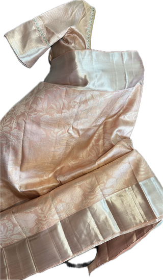 Brocade kanjivaram Rose gold silver zari with stitched blouse.