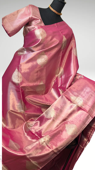 Pink Tissue Pure silk pattumuhurtam saree pure zari Kanjivaram silk saree with prestitched blouse embroidered blouse