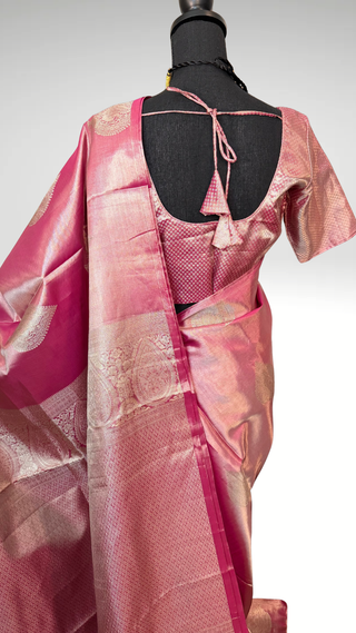 Pink Tissue Pure silk pattumuhurtam saree pure zari Kanjivaram silk saree with prestitched blouse embroidered blouse