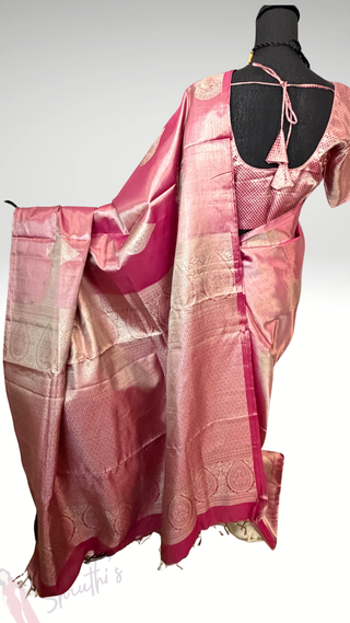 Pink Tissue Pure silk pattumuhurtam saree pure zari Kanjivaram silk saree with prestitched blouse embroidered blouse