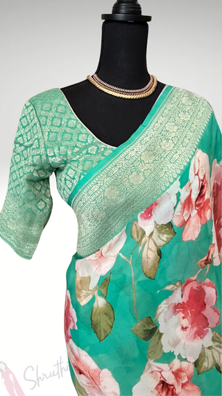 Floral sarees pastel partywear saree  teal Georgette beneras silk zari borders saree stitched blouse