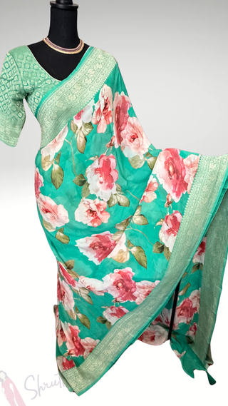 Floral sarees pastel partywear saree  teal Georgette beneras silk zari borders saree stitched blouse