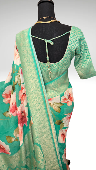 Floral sarees pastel partywear saree  teal Georgette beneras silk zari borders saree stitched blouse