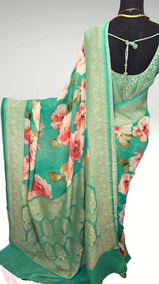Floral sarees pastel partywear saree  teal Georgette beneras silk zari borders saree stitched blouse