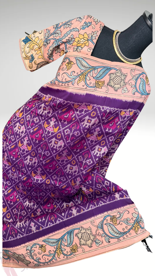 Pure pen purple kalamkari pure Handloom ikat silk pattu saree pen kalamkari saree with blouse online usa Hand painted