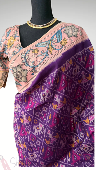 Pure pen purple kalamkari pure Handloom ikat silk pattu saree pen kalamkari saree with blouse online usa Hand painted