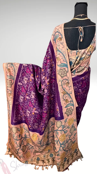 Pure pen purple kalamkari pure Handloom ikat silk pattu saree pen kalamkari saree with blouse online usa Hand painted