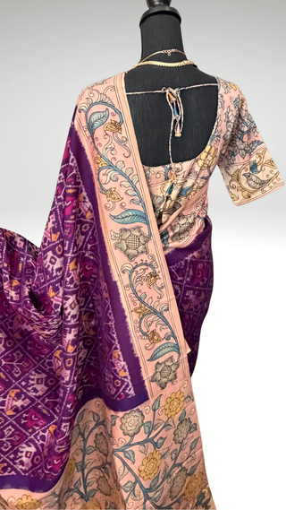 Pure pen purple kalamkari pure Handloom ikat silk pattu saree pen kalamkari saree with blouse online usa Hand painted