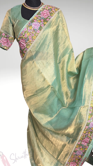 Pure Tissue Beneras pastel Green Party wear handloom handwoven pure silk saree stitched blouse saree readymade online USA