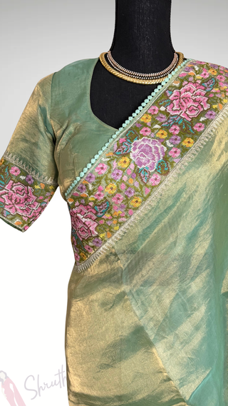 Pure Tissue Beneras pastel Green Party wear handloom handwoven pure silk saree stitched blouse saree readymade online USA