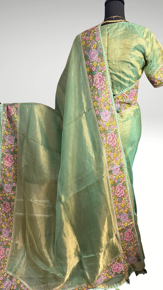 Pure Tissue Beneras pastel Green Party wear handloom handwoven pure silk saree stitched blouse saree readymade online USA