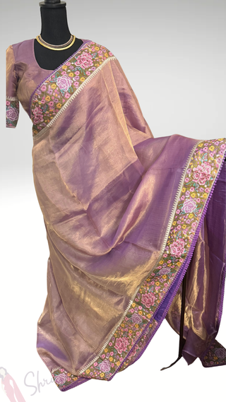 Pure Tissue Beneras pastel violet Party wear handloom handwoven pure silk saree stitched blouse saree readymade online USA