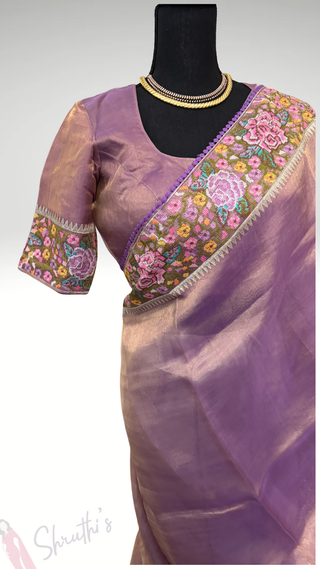 Pure Tissue Beneras pastel violet Party wear handloom handwoven pure silk saree stitched blouse saree readymade online USA