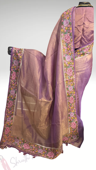 Pure Tissue Beneras pastel violet Party wear handloom handwoven pure silk saree stitched blouse saree readymade online USA