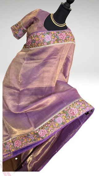 Pure Tissue Beneras pastel violet Party wear handloom handwoven pure silk saree stitched blouse saree readymade online USA