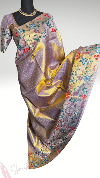 Pure Indian wedding kanjivaram light purple pastel Gold silk tissue brocade  silk pure embroidered silk handwoven