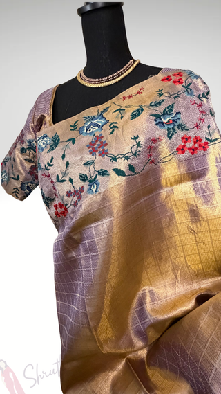 Pure Indian wedding kanjivaram light purple pastel Gold silk tissue brocade  silk pure embroidered silk handwoven
