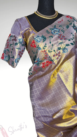 Pure Indian wedding kanjivaram light purple pastel Gold silk tissue brocade  silk pure embroidered silk handwoven