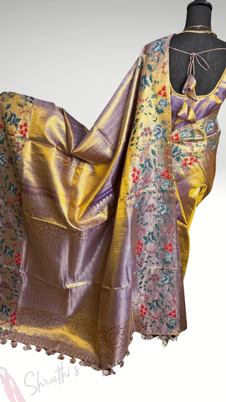 Pure Indian wedding kanjivaram light purple pastel Gold silk tissue brocade  silk pure embroidered silk handwoven