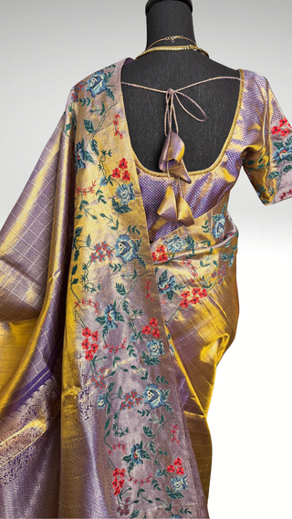 Pure Indian wedding kanjivaram light purple pastel Gold silk tissue brocade  silk pure embroidered silk handwoven